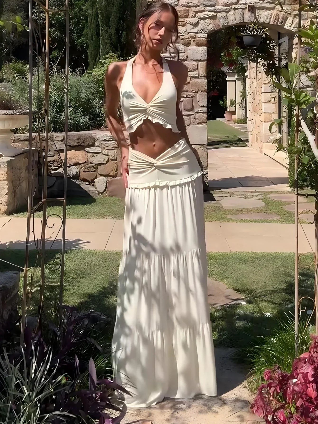 Sexy Elegant Ruched 2 Piece Skirt Set Lace Up Ruffles Patchwork Crop Top Tiered Maxi Skirt Matching Set