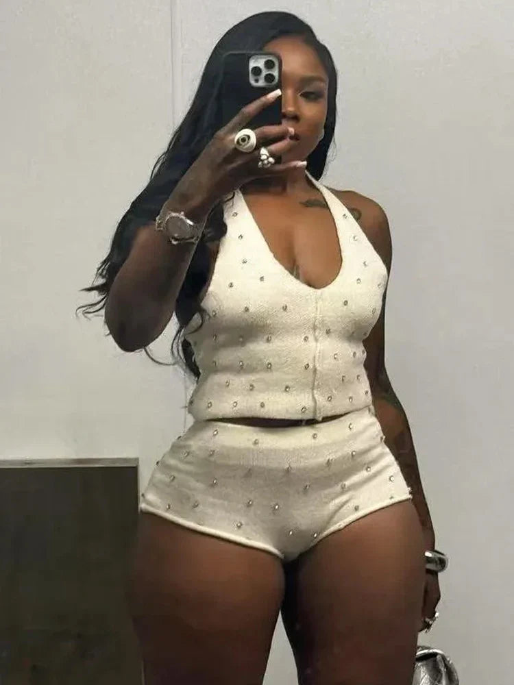 Diamond Women 2 Piece Set Luxury Knit Halter Backless Tank Tops+Shorts Casual Matching Streetwear Stretch Simple Suit