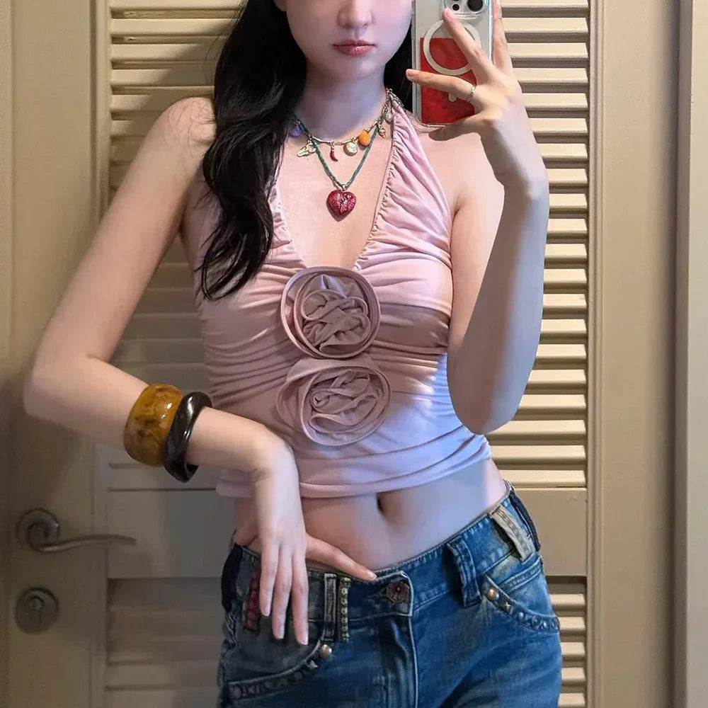 Handmade Floral Pink Women Sexy Backless Elegant Neck Sleeveless Tank Top