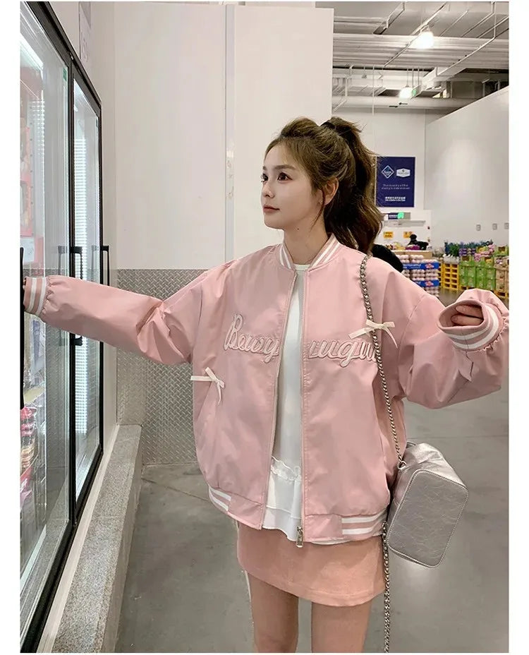 Sweet Butterfly Knot Pink Baseball Jacket Women's Spring Autumn Casual Loose Fit round Neck Full Sleeve Fashionable Coat
