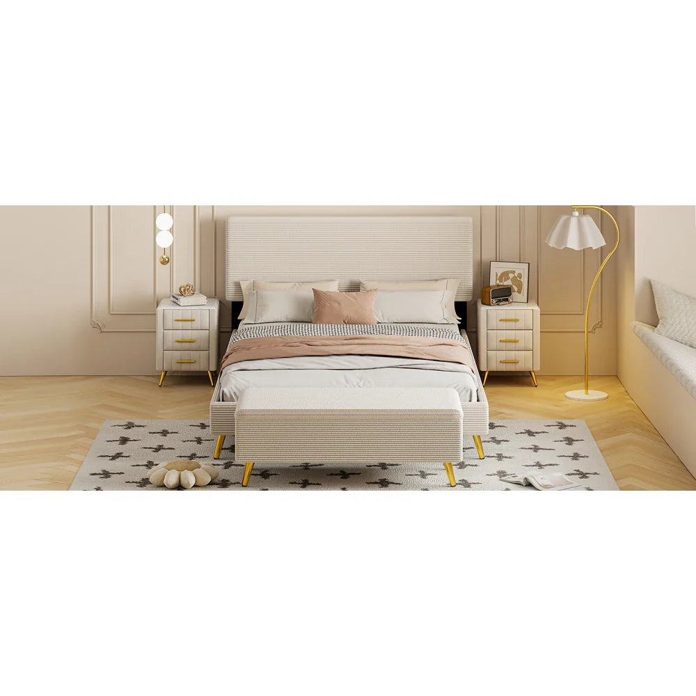 Pink 2 Pieces Bedroom Sets Queen Size Upholstered Bed Frame, Modern Corduroy Storage Ottoman