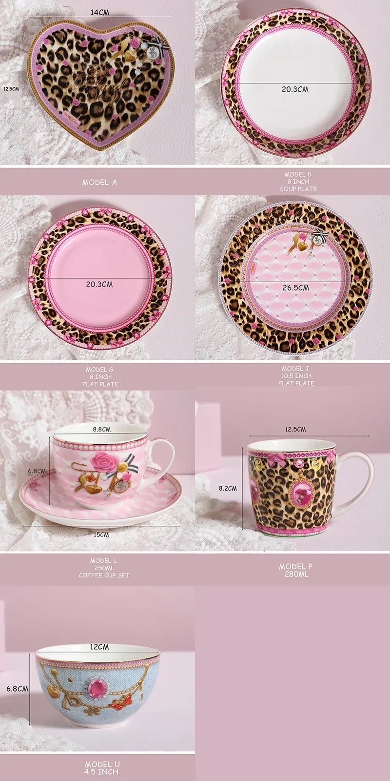 Pink Heart Shaped Dining Plate, Breakfast Tray, Ceramic Lace, Leopard Pattern Tableware, Afternoon Tea Salad Dessert