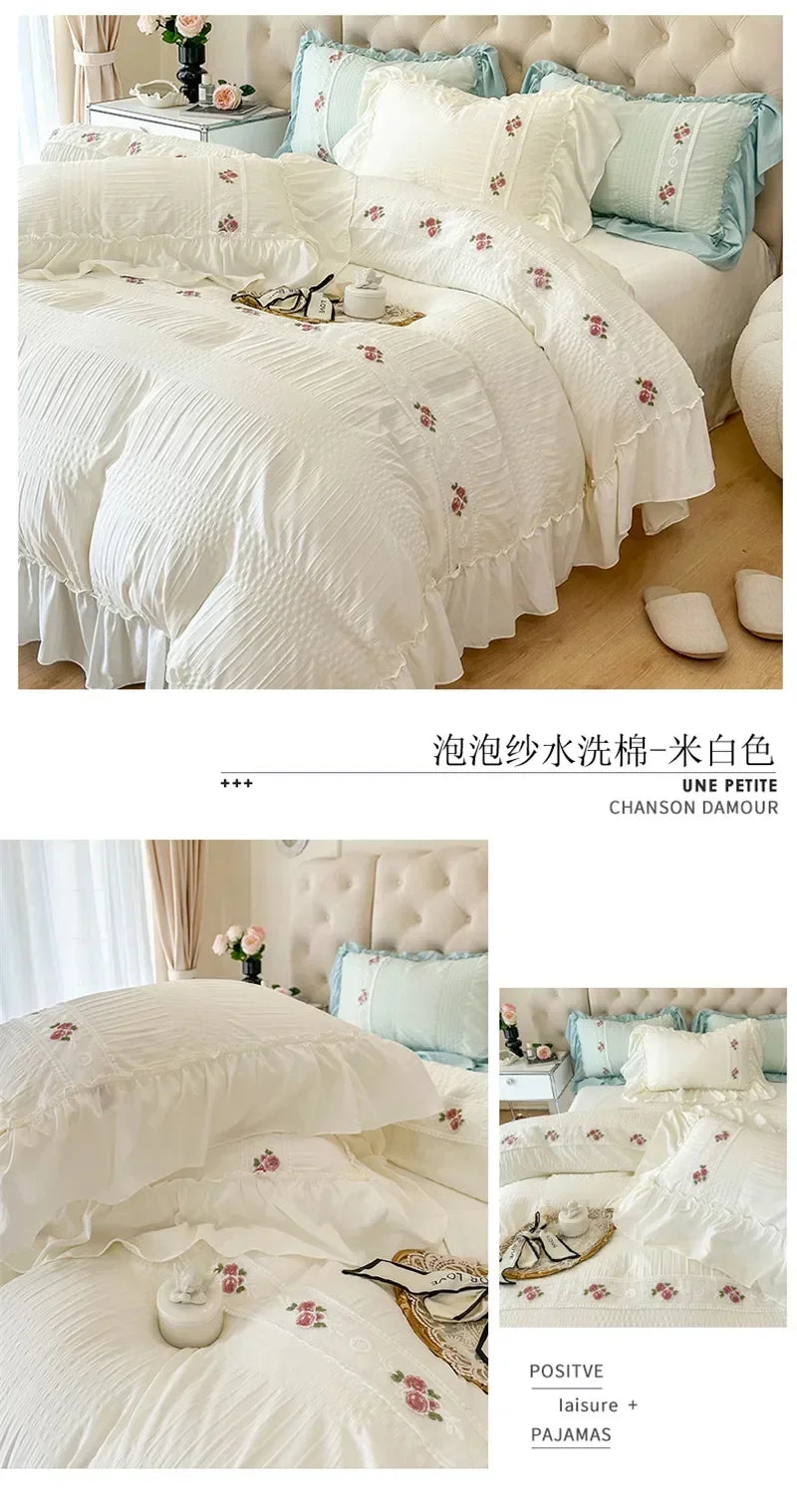 French Embroidered Lace Bubble Gauze Bedding Set Elegant Princess Style Duvet Cover Set Ruffled Comforter Cover Sets