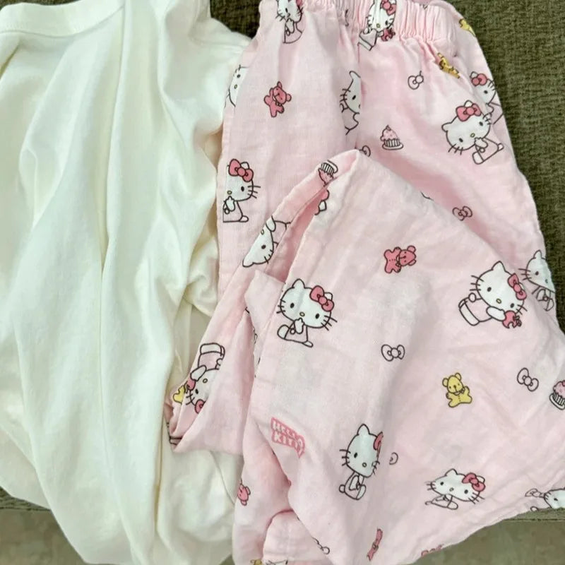 Sanrio Hello Kitty Pure Cotton Pajama Pants Wide Kawaii Kitty Leg Pants Girls Summer Thin High Waist Casual Trousers