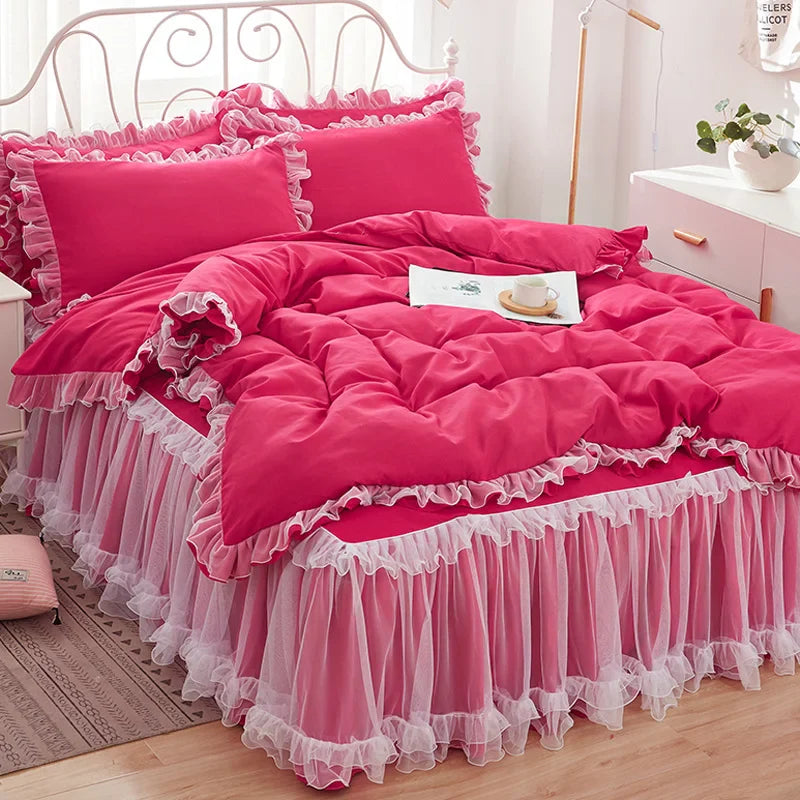 Princess Girl Pink Bedding Skirt Sheet With Lace Solid Color Bed Cover Pillowcase Decor Bedroom
