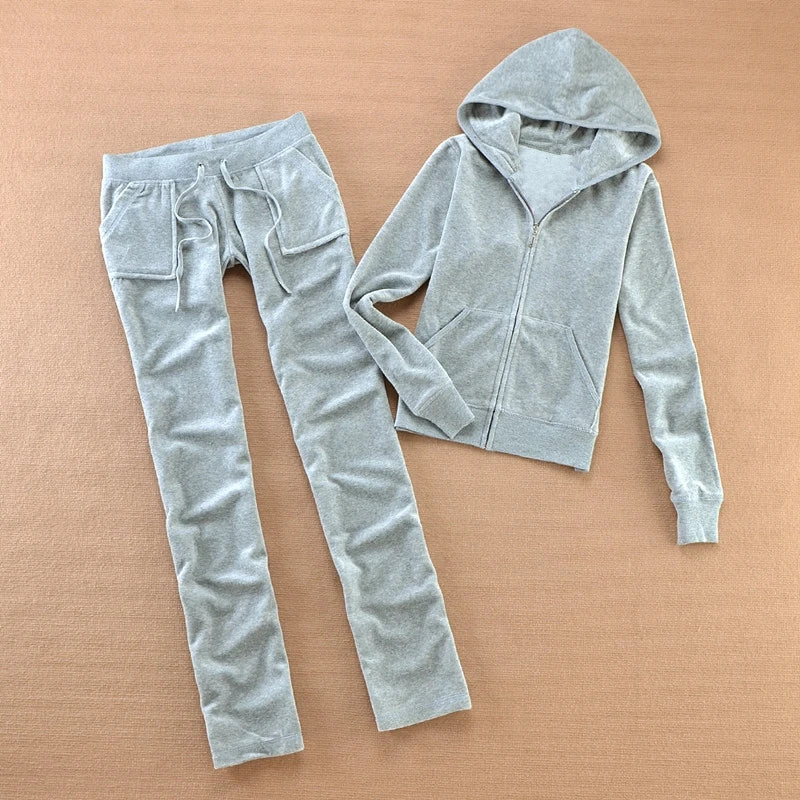 Solid Color Velvet Tracksuit For Women Two Piece Spring Women's Sweatshirt and Trousers Set