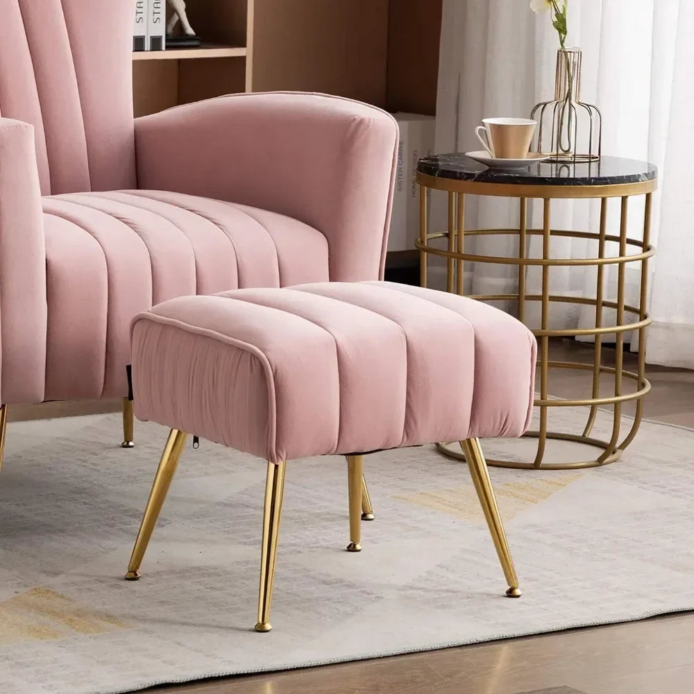 Pink Upholstered Velvet Ottoman with Gold Legs Metal Base for Foot Rest Stool Seat in Living Room Bedroom Hallway Entryway