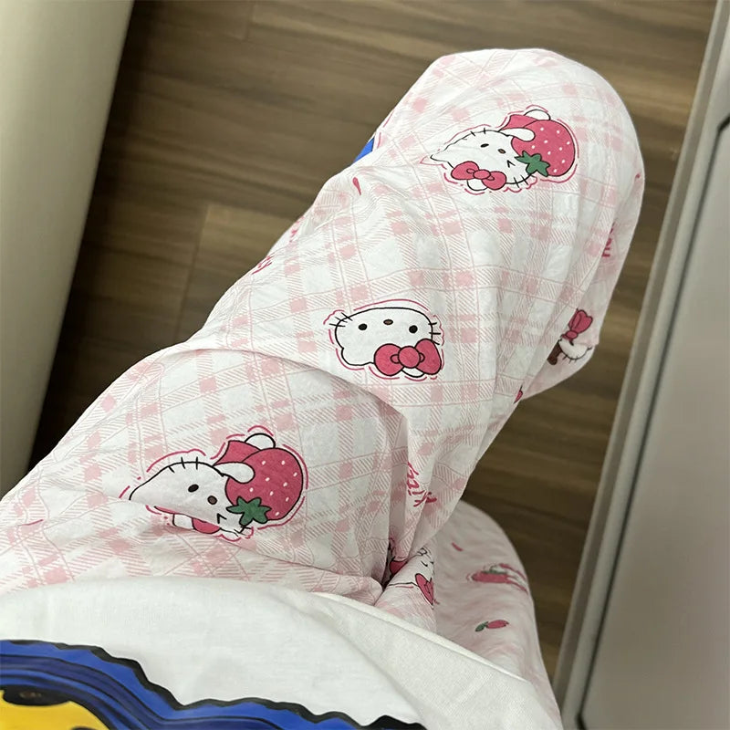 Sanrio Hello Kitty Pure Cotton Pajama Pants Wide Kawaii Kitty Leg Pants Girls Summer Thin High Waist Casual Trousers