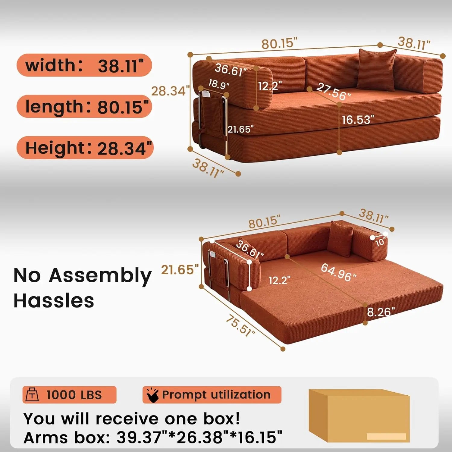 Combination Modular Sofa Living Room Folding Sofa Bed Convertable Corduroy Couch Floor Sleeper 4-in-1 Comfy Foldable Lazy