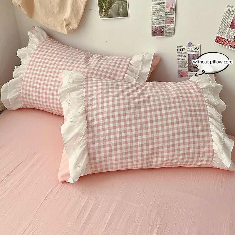 Plaid 3pcs Printed Bedding Set Lace Duvet Cover And 2pcs Pillowcases (no padding)