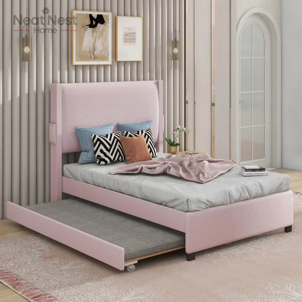 Pink Twin Size Bed Frame with Removable Trundle USB Functionality, Single Bed .Bedroom Furniture No Box Spring Required Bed Frame