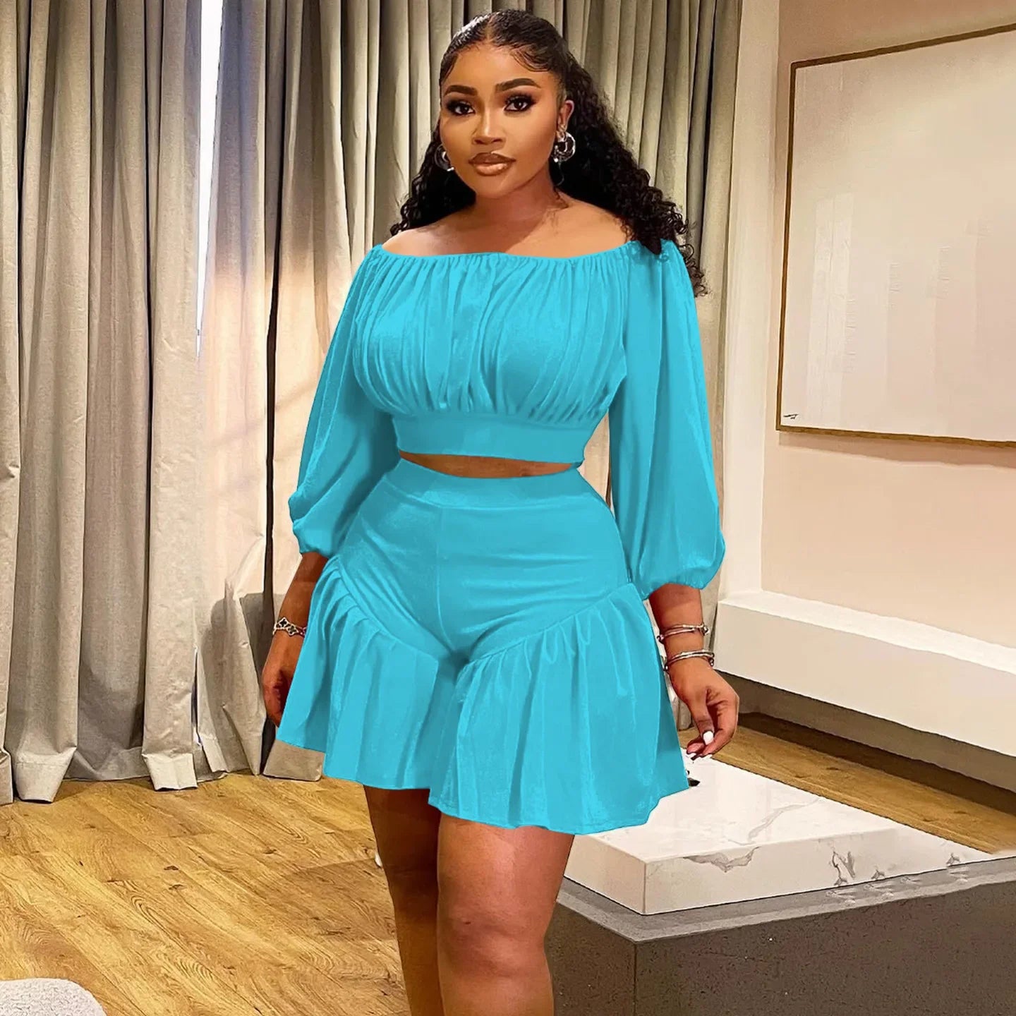 Plus Size Women's Set Long Sleeve Slash Neck T-Shirt and Shorts Summer Ruched Two 2 Piece Set Outfits Tracksuit