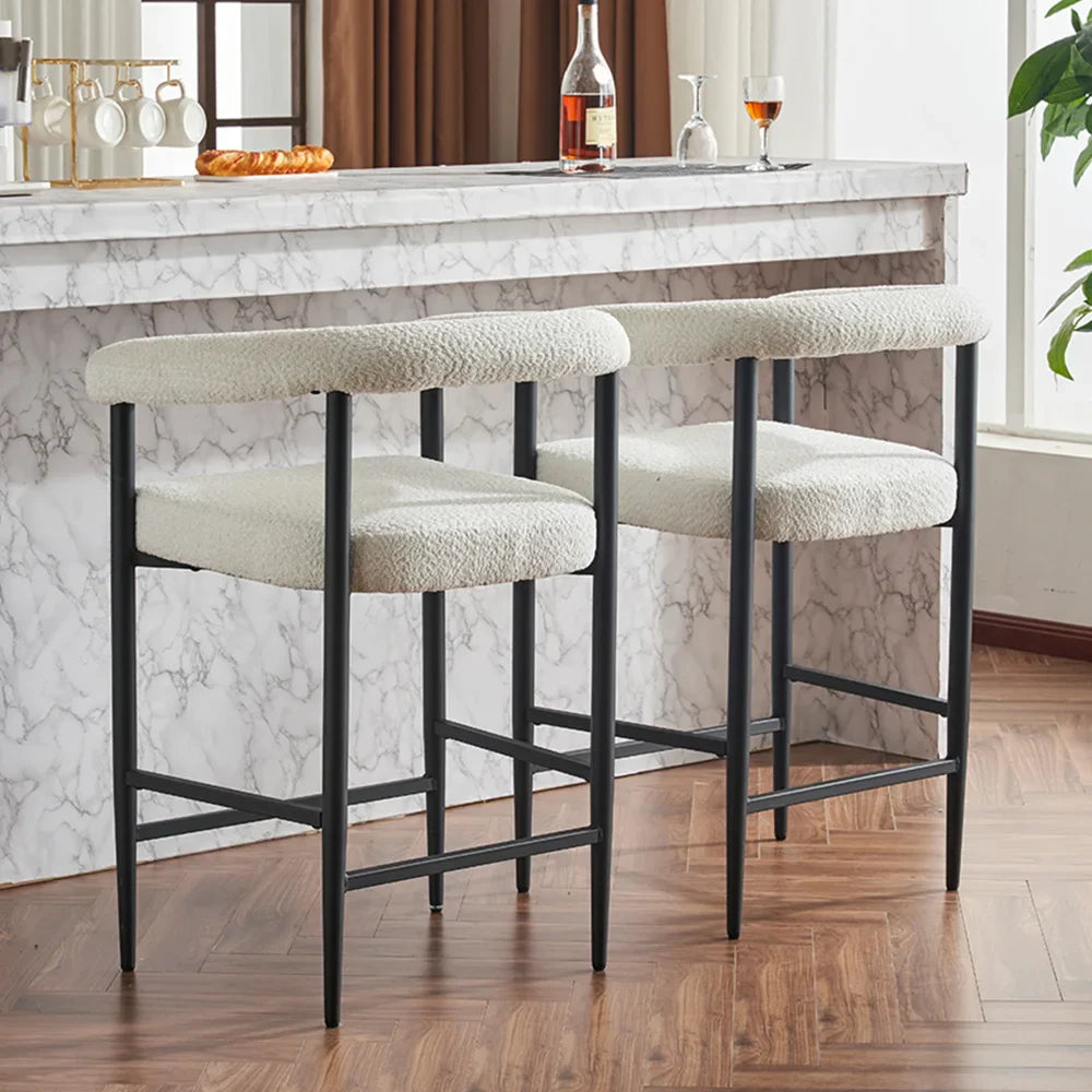 Modern Upholstered Bar Stools Set of 2, Boucle Fabric Counter Height Chairs, Kitchen Island Bar Chairs for Home, Dining Room