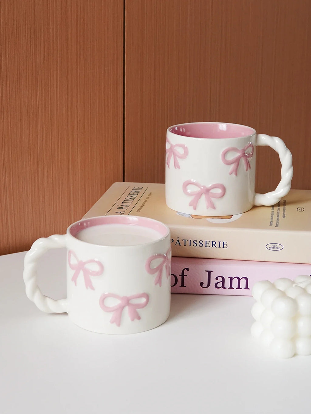 Pink Bow Ceramic Mug, Twist Handle Ceramic Mug, Exquisite and Simple Pink Embossed Mug