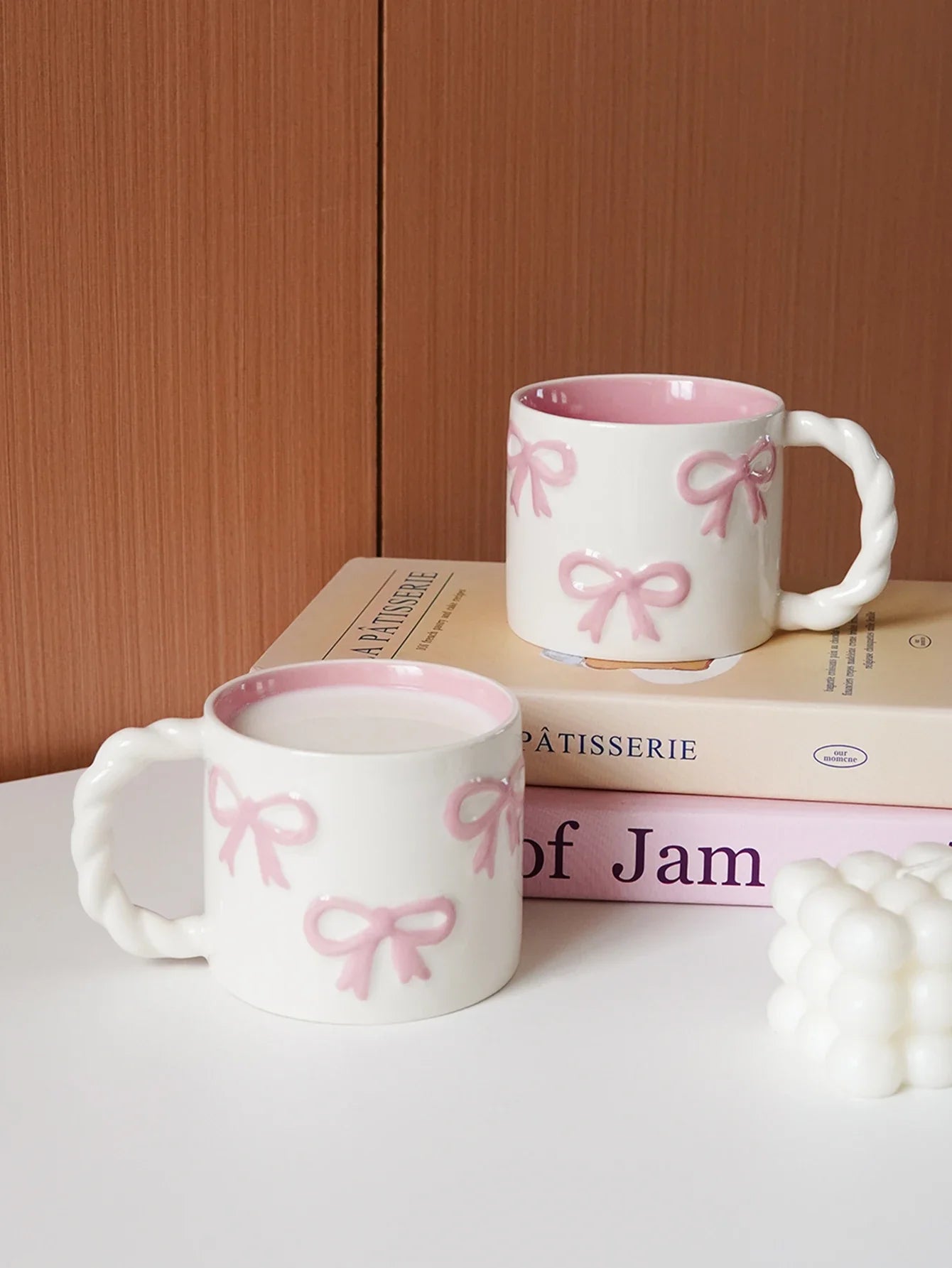 Pink Bow Ceramic Mug, Twist Handle Ceramic Mug, Exquisite and Simple Pink Embossed Mug