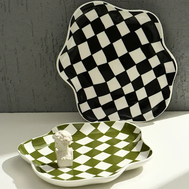 Retro Checkerboard Ceramic Plate Jewelry Home Decoration