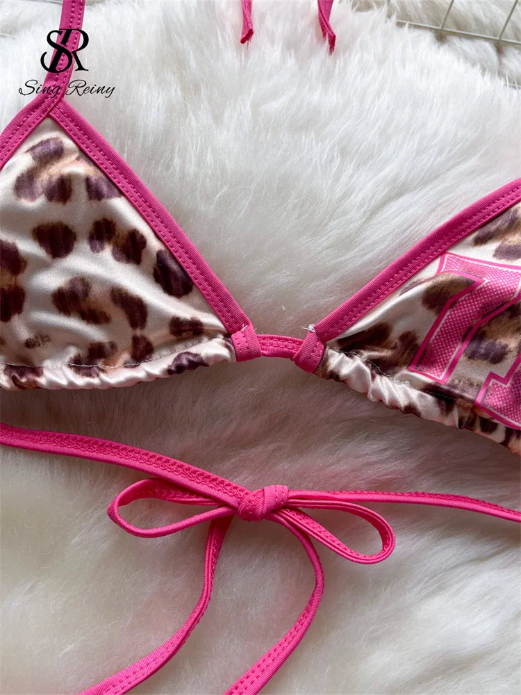 Leopard Bikini Hotsweet Three Piece Set Halter Bra+Slim Shorts+Mini Briefs Women Lace-Up Backless Sexy Suits