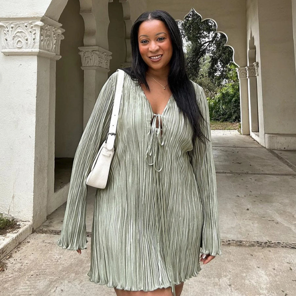 Long Sleeve Women V-neck Pleated Dress Casual Streetwear Plus Size Mini Dresses Party Casual
