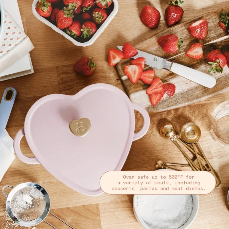 Pink Enameled Cast Iron Dutch Oven Heart-Shaped Pot with Lid, Dual Handles, Works on All Stovetops, Oven Safe to 500°F, 2-Quart