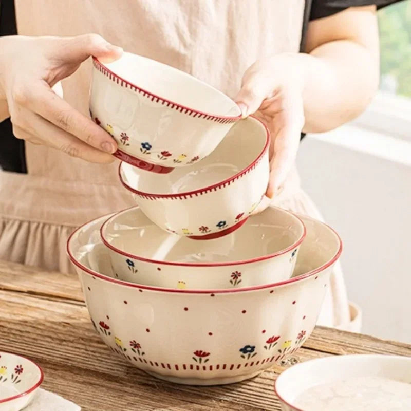Floral Pattern Soup Bowl Salad Bowl Dish Oval Plate Pastoral Style Dinnerware Table Decoration Kitchen Gadgets Ceramic Tableware