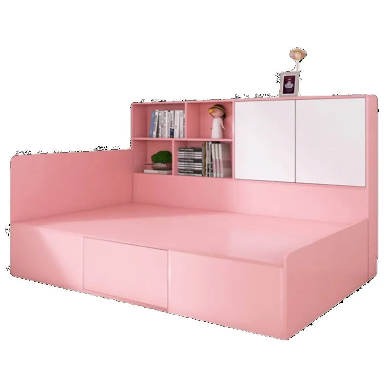 Girl Pink Princess Big Frame, Bedside Bookshelf Bed Integrated With Drawers Storage