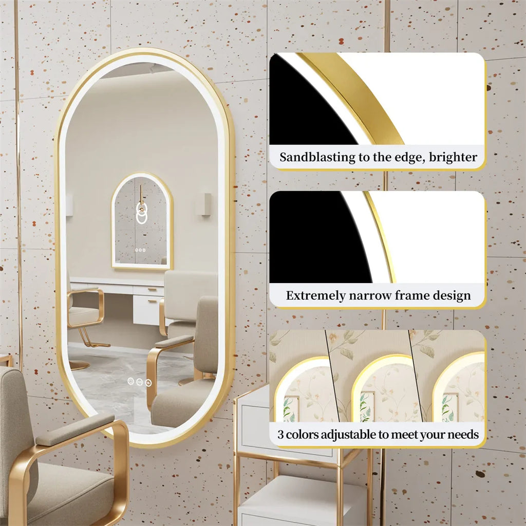 Luxury Oval Led Illuminated Bathroom Mirror Gold Aluminum Frame with Demister Pad
