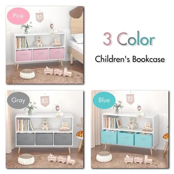 White/Pink Kids Bookcase with Collapsible Fabric Drawers, Children's Book Display, Toy Storage Cabinet Organizer