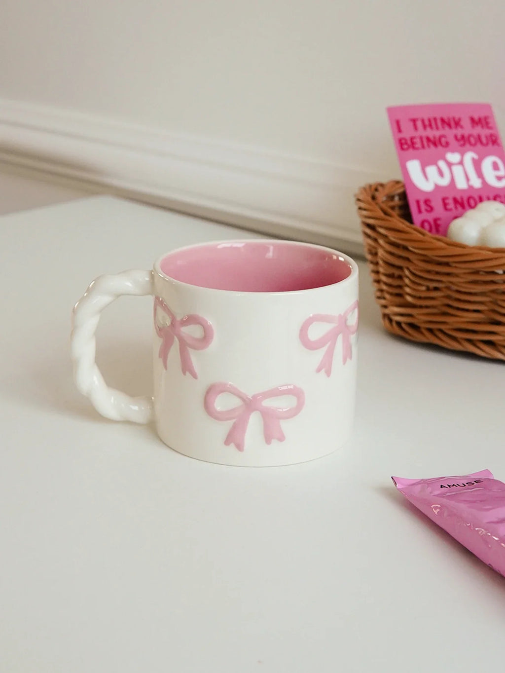 Pink Bow Ceramic Mug, Twist Handle Ceramic Mug, Exquisite and Simple Pink Embossed Mug