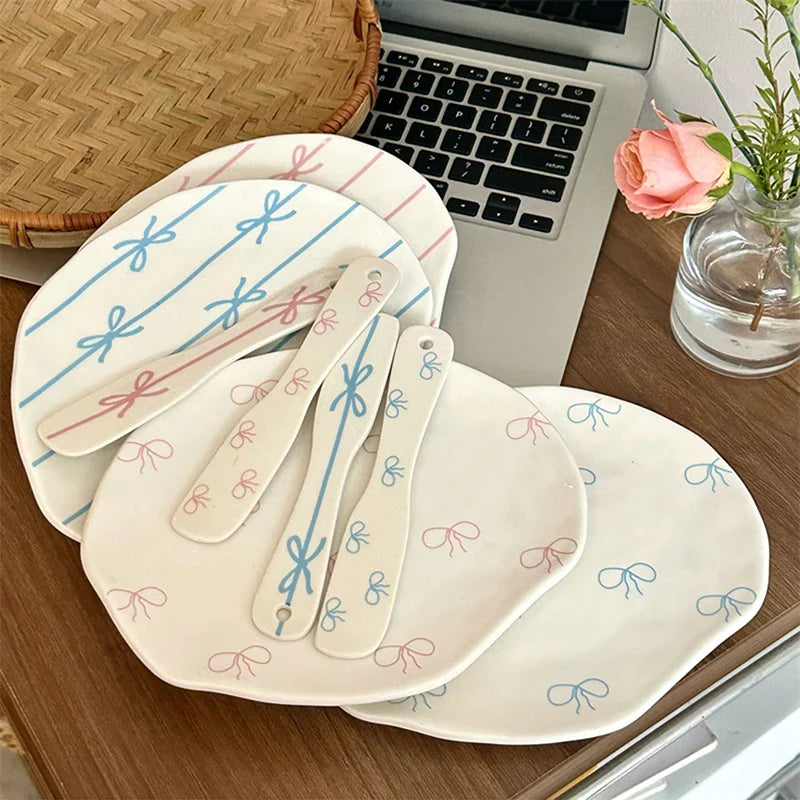 Cute Bowknot Kawaii Ceramic Plate For Cake Food Dinner Breakfast Ins Dessert Salad Decorative Dish 8 inch