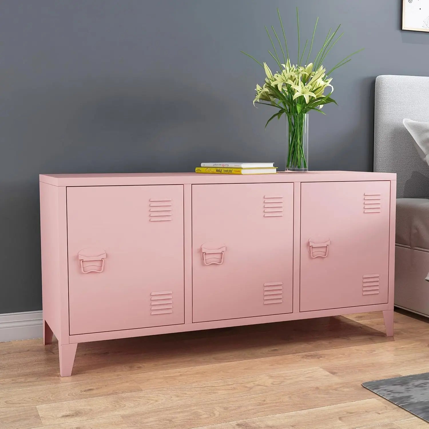 Pink TV Stand Metal TV Table With Storage Steel 3 Door Locker Cabinet For Living Room