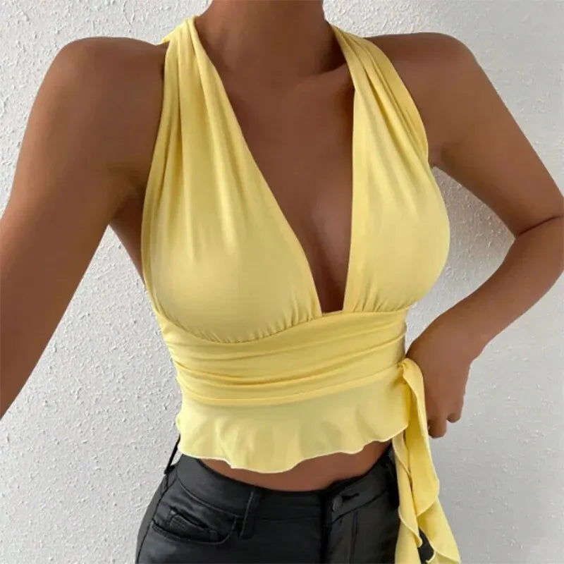 Women's Sexy Tight Fitting Deep V-neck Pleated Top Tight Fitting