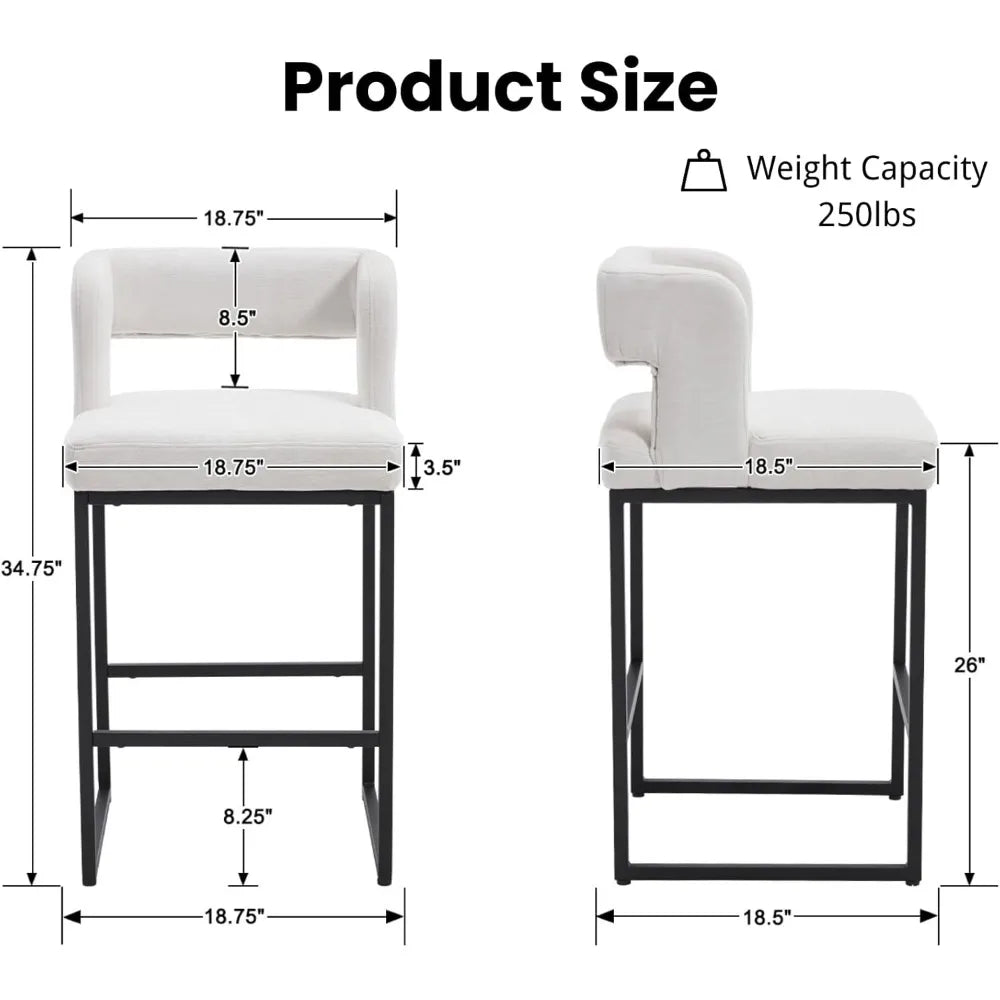 Modern Bar Stools Set of 2, 26'' Counter Height Bar Stool with Sturdy Metal Steel Frame, Chenille Upholstered Barstools with Back