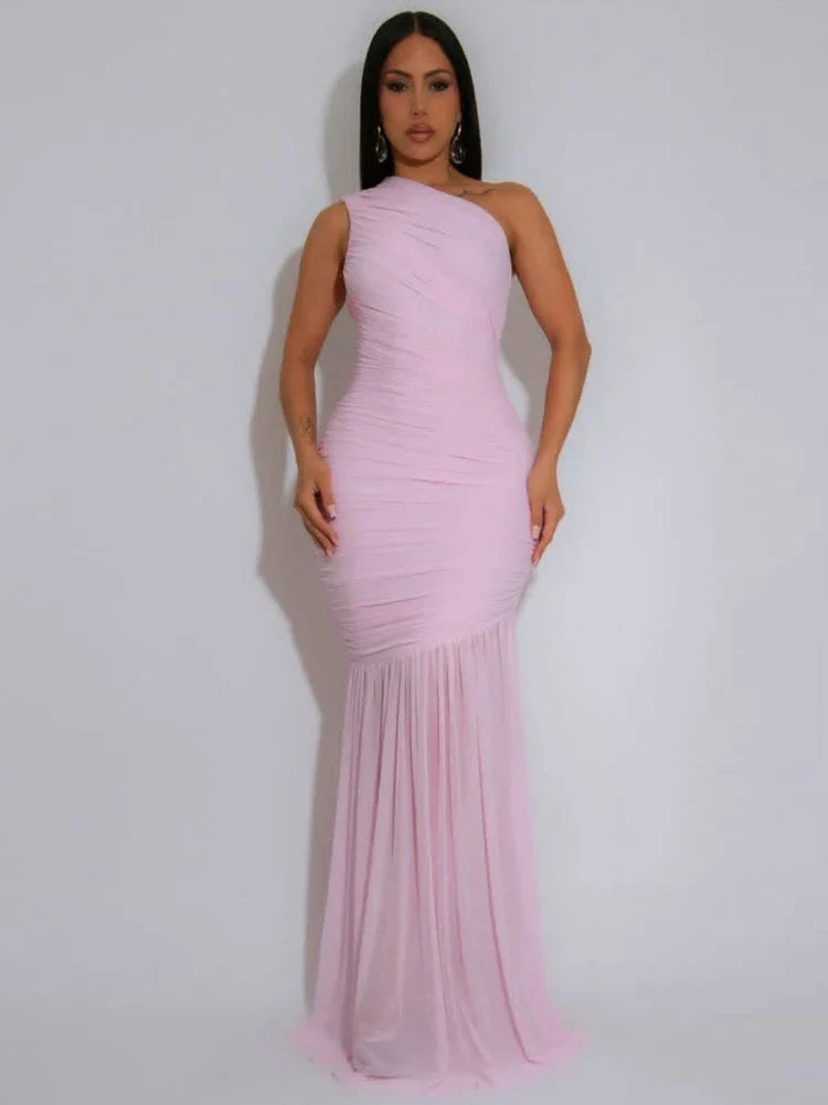 Elegant Women's Single Shoulder Drape Mesh Ruched Long Maxi Chic Summer Pleated Dress