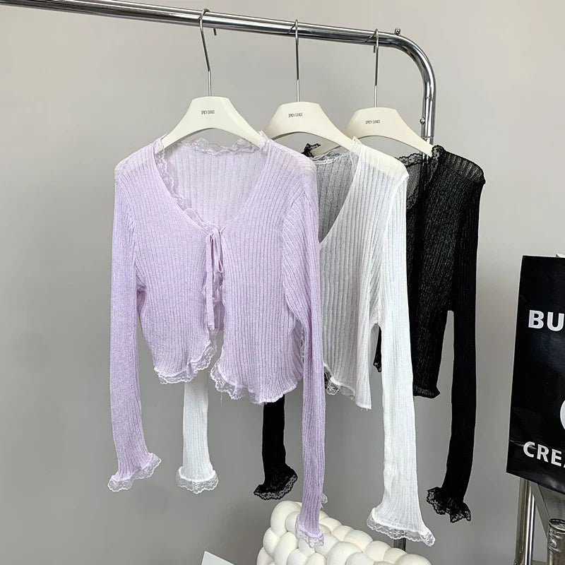 Lace Knitted Cardigans Long Sleeved Short Lace-Up Thin Shawl