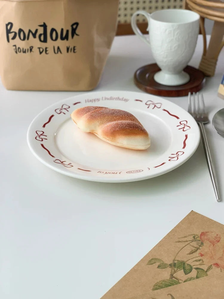 Pink Bow Ceramic Dessert Plate French Vintage Hand-painted Dish