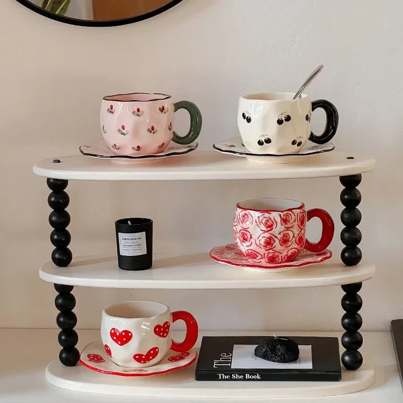 Ceramic Coffe Mug Hand Pinched Irregular Hand-painted Love Heart Cherry Pattern Cup with Saucer