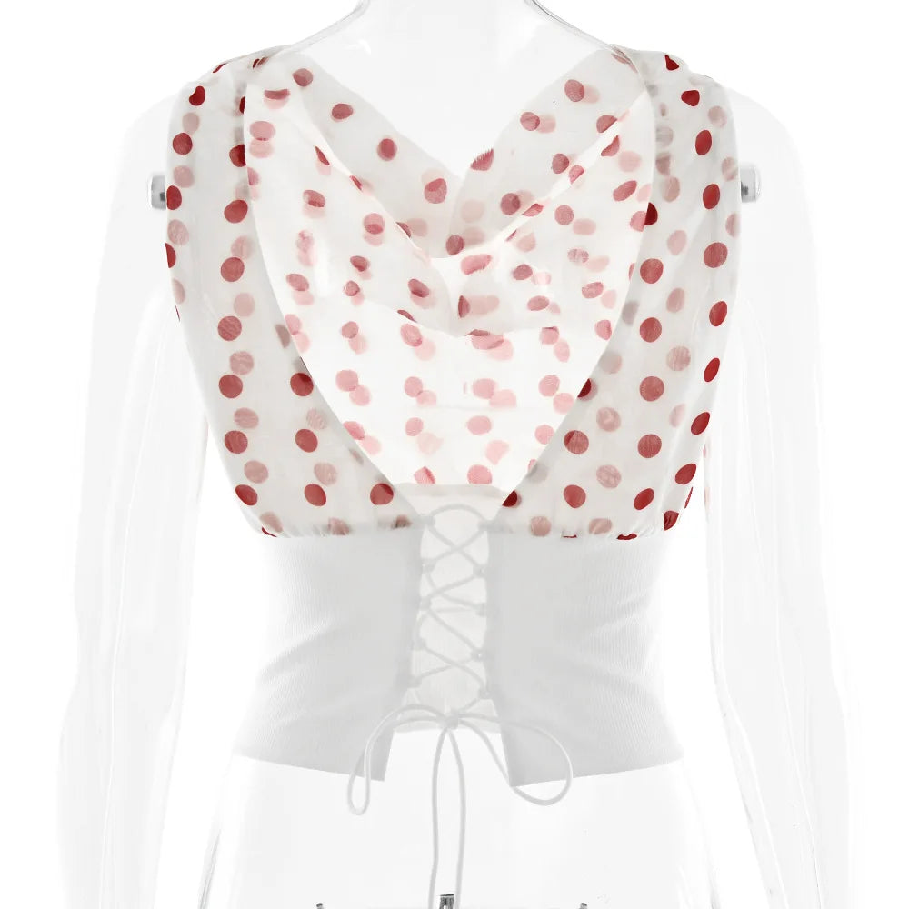 Sexy Off Shoulder Print Polka Dot Women Top White Patchwork Backless Bandage Top Female Spring Slim Casual Streetwear
