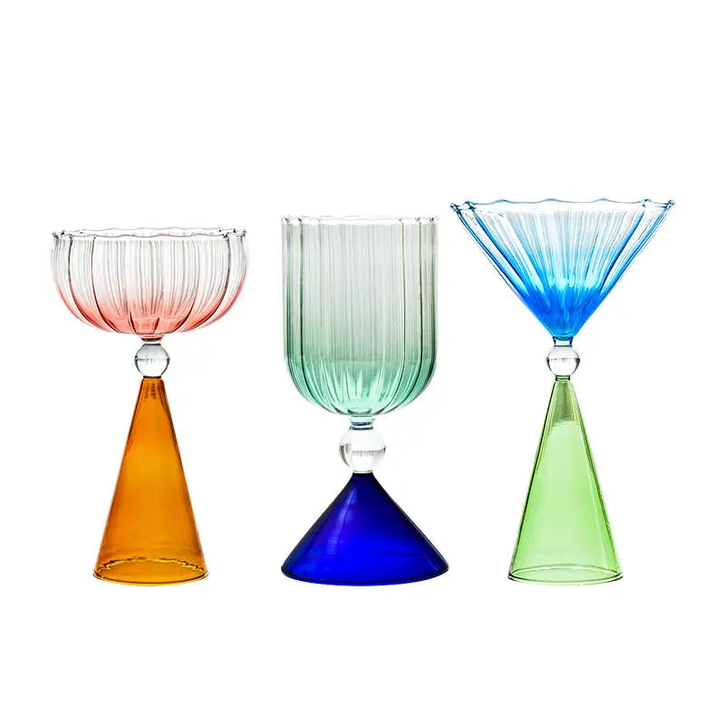 Clear Two Tone Green Blue Amber Purple Colored Ripple Style Martini Mojito Champagne Margarita Cocktail Glasses Goblet Cup
