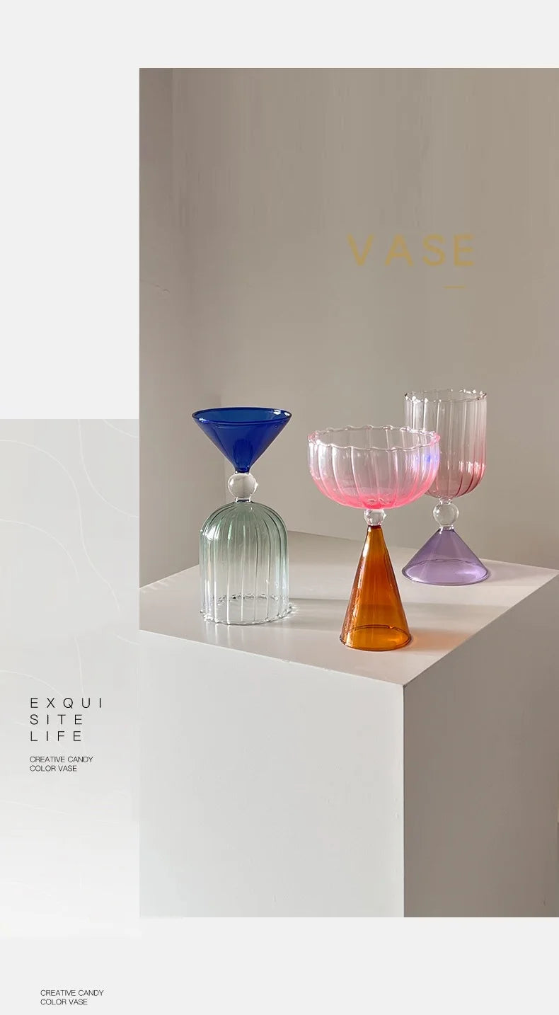 Clear Two Tone Green Blue Amber Purple Colored Ripple Style Martini Mojito Champagne Margarita Cocktail Glasses Goblet Cup