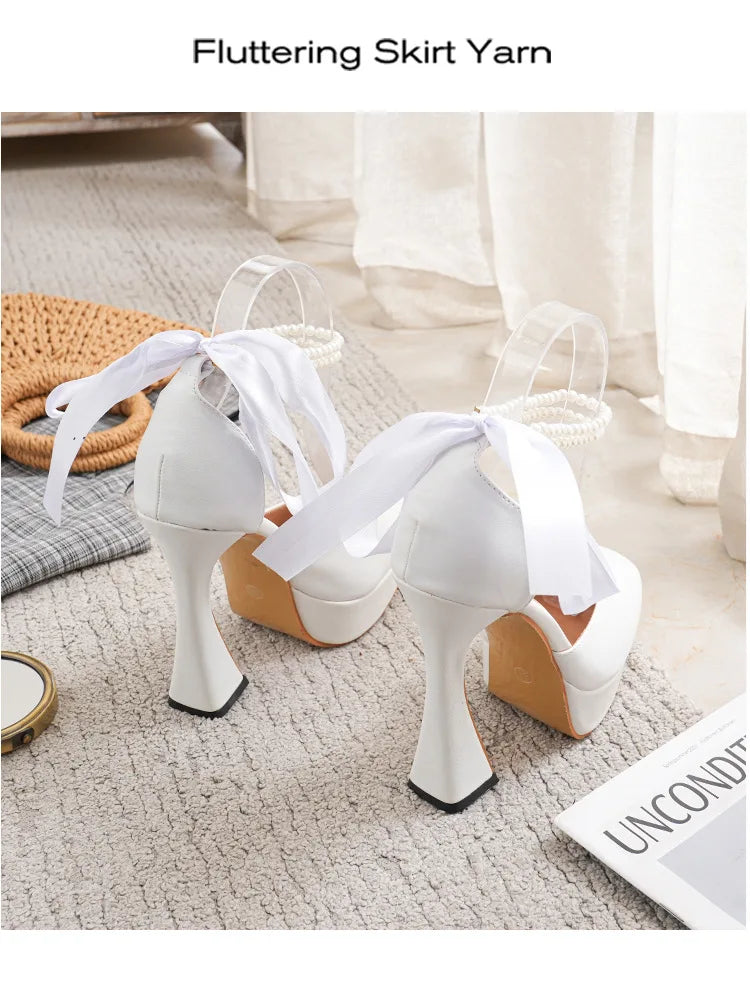 Fashion Super High Heels Sandals Bow Buckle Square Head Heels Ladies Shoes