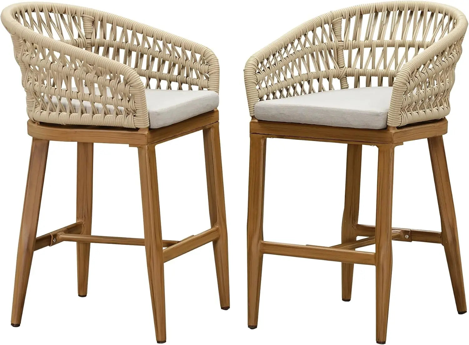 Outdoor Rattan Counter Height Bar Stools Chair, Modern Upholstered Patio Bar Stool with Backrest for Indoor and Outdoor Kitchen