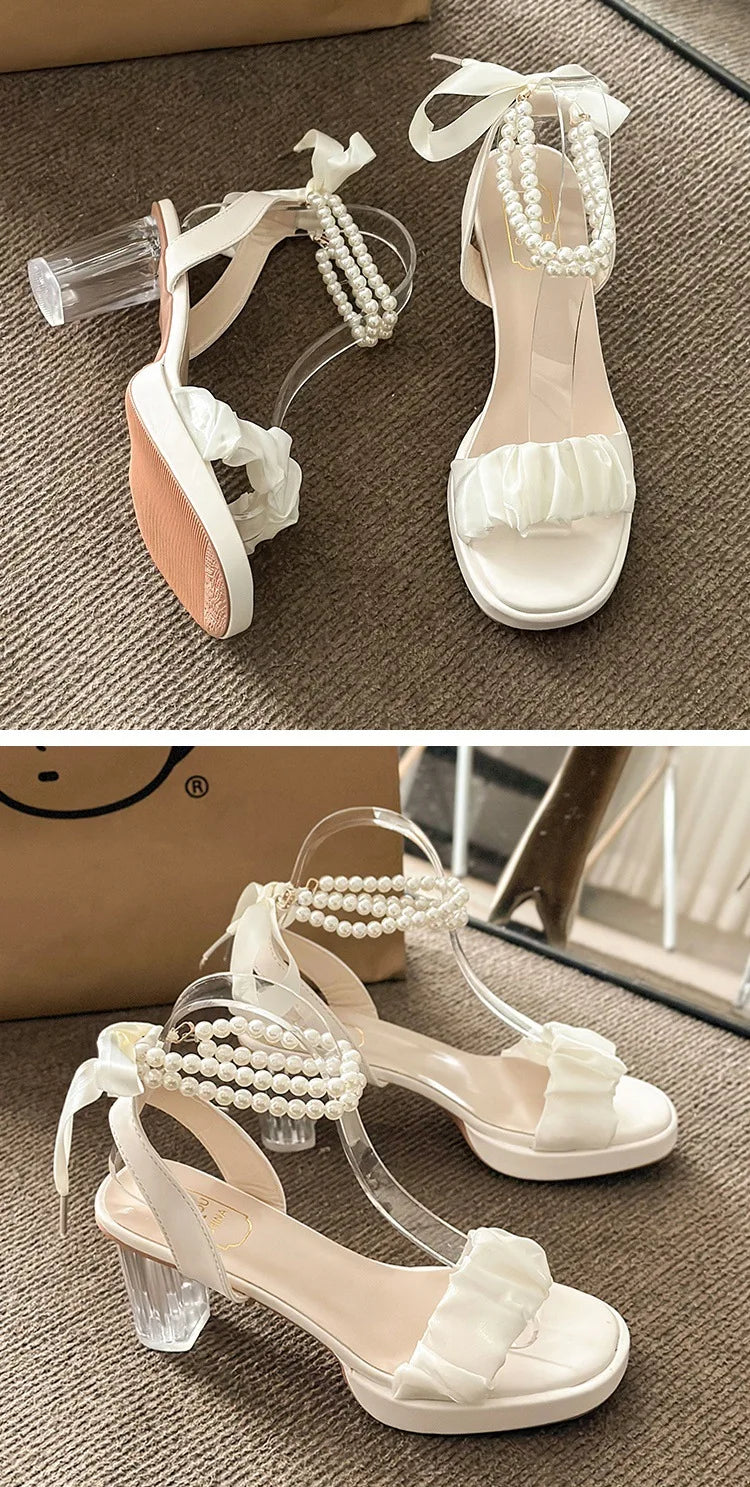 Women's Fashion Crystal Pearl High Heels Sandals