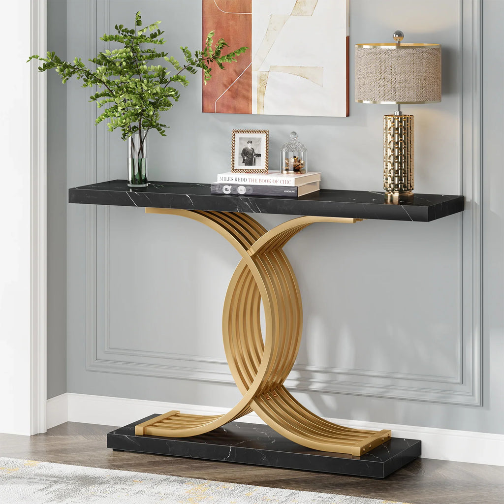 Tribesigns Gold Entryway Table, Modern 39-Inch Console Faux Marble Narrow Wood Sofa with Geometric Metal Legs