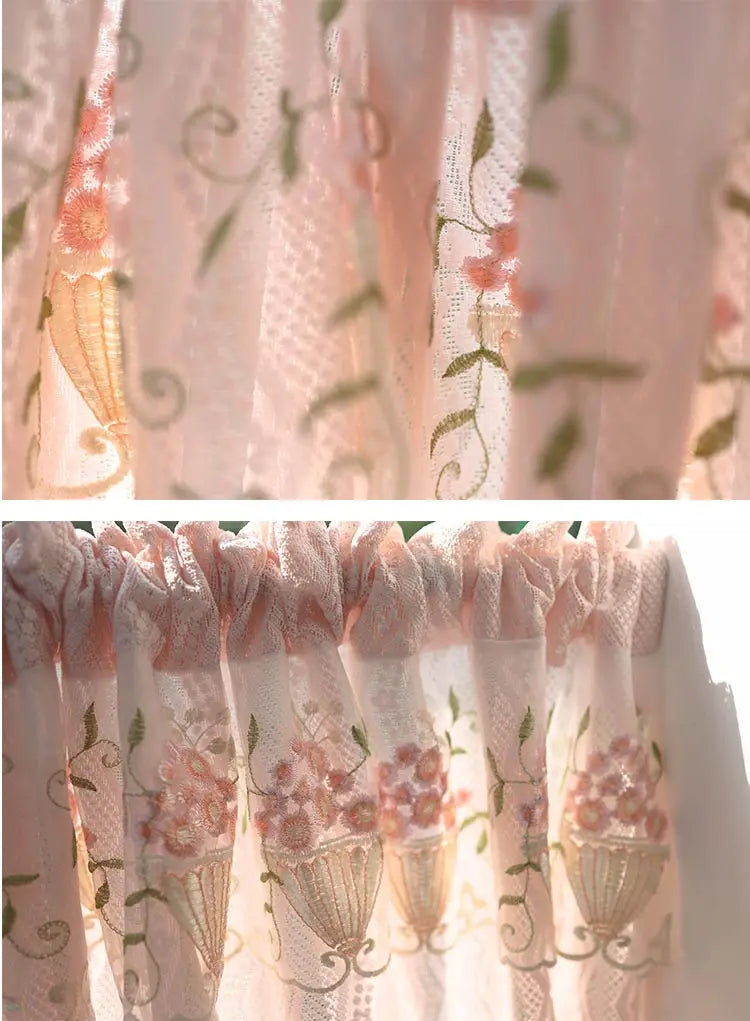 Pink Small Window Short Curtain Embroidery Floral Lace Half Window Curtains Sheer Tulle Home Decoration