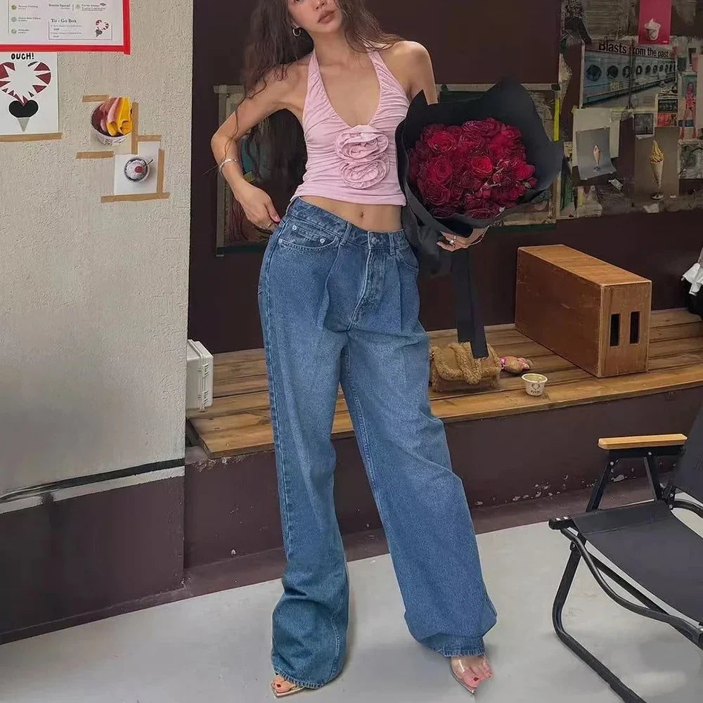 Handmade Floral Pink Women Sexy Backless Elegant Neck Sleeveless Tank Top