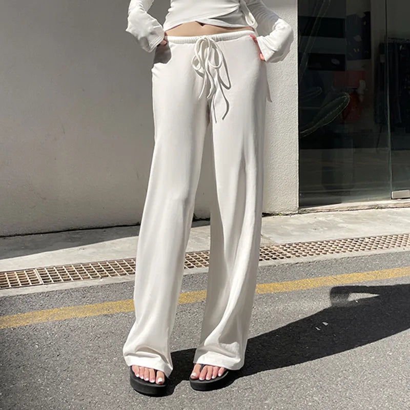 Fashion Drawstring High Waist Trousers Set Lace Up Flared Sleeve V Neck Twist Tops Plush Loose Pants Suit
