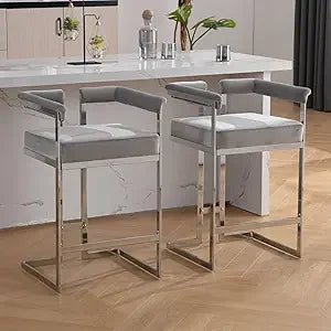 Modern Bar Stools Set of 2, 26'' Counter Height Bar Stool with Sturdy Metal Steel Frame, Chenille Upholstered Barstools with Back