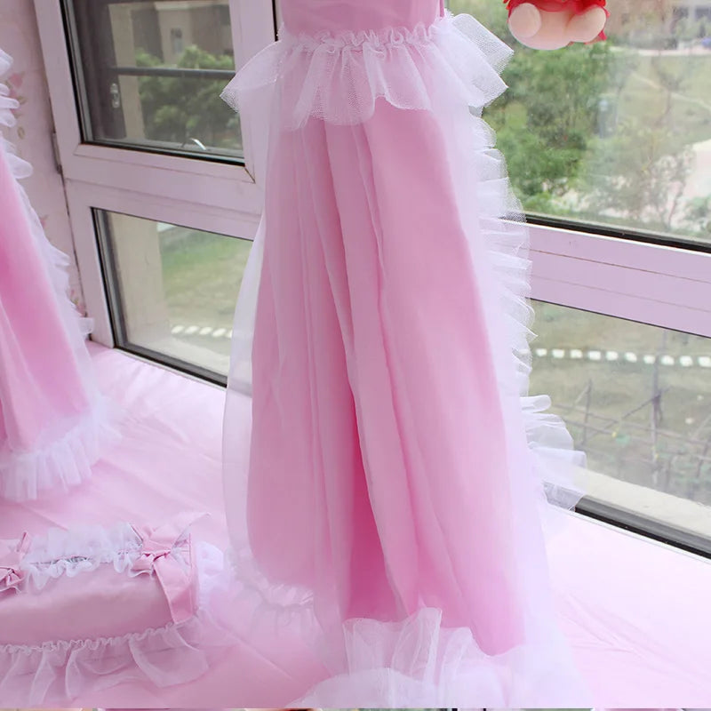 Princess Style Window Curtains, Cotton, Pink Lace, 2 Layer Curtain