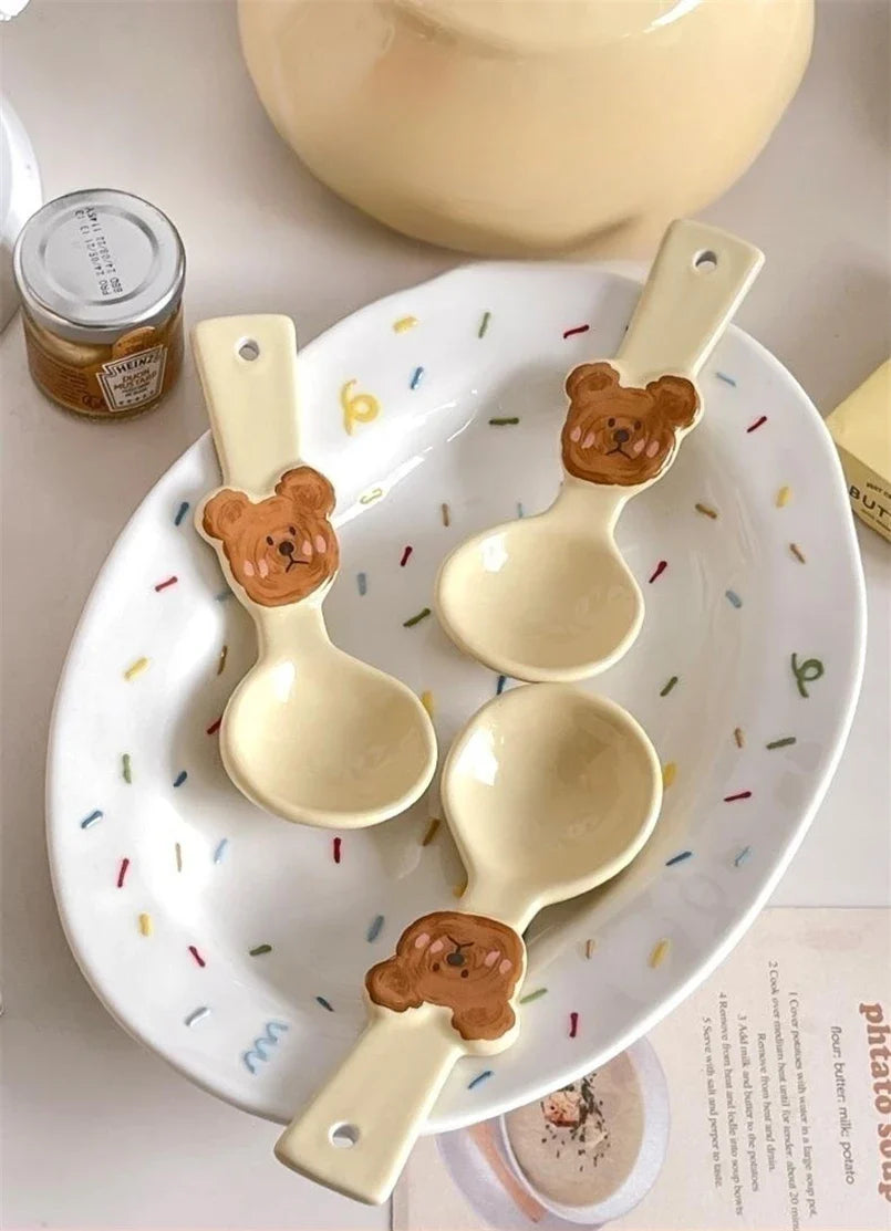 Ceramic Spoon Cute Heart Bear Cream Color