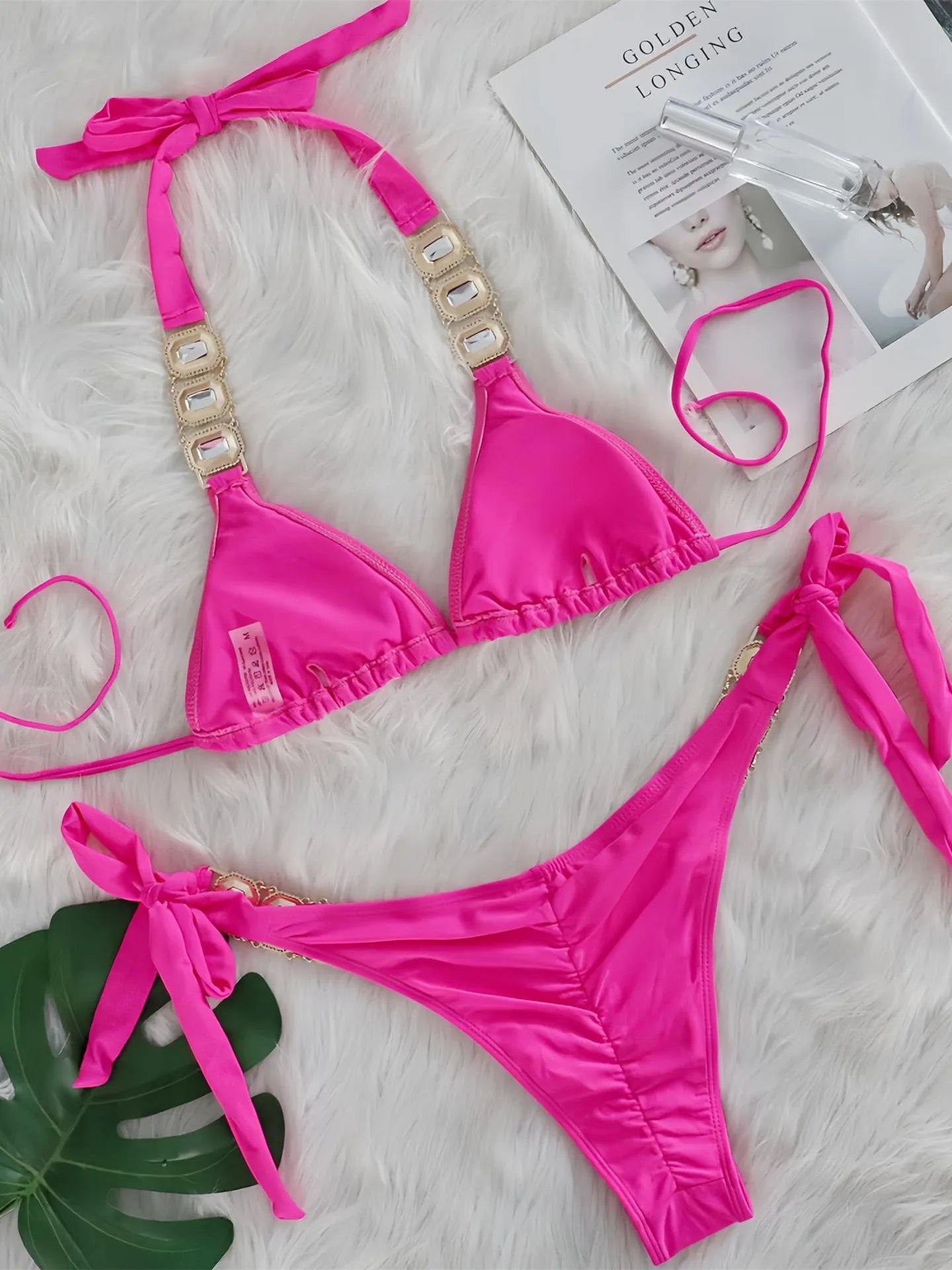 Sexy Rhinestone Bikini Set Women Luxury Pink Crystal Diamond Push Up Bandage Thong Swimsuit